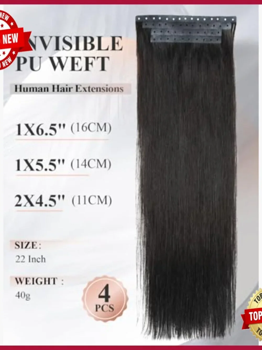 Human Hair Extensions 22 Inch Invisible Weft Glueless 40g 4Pcs